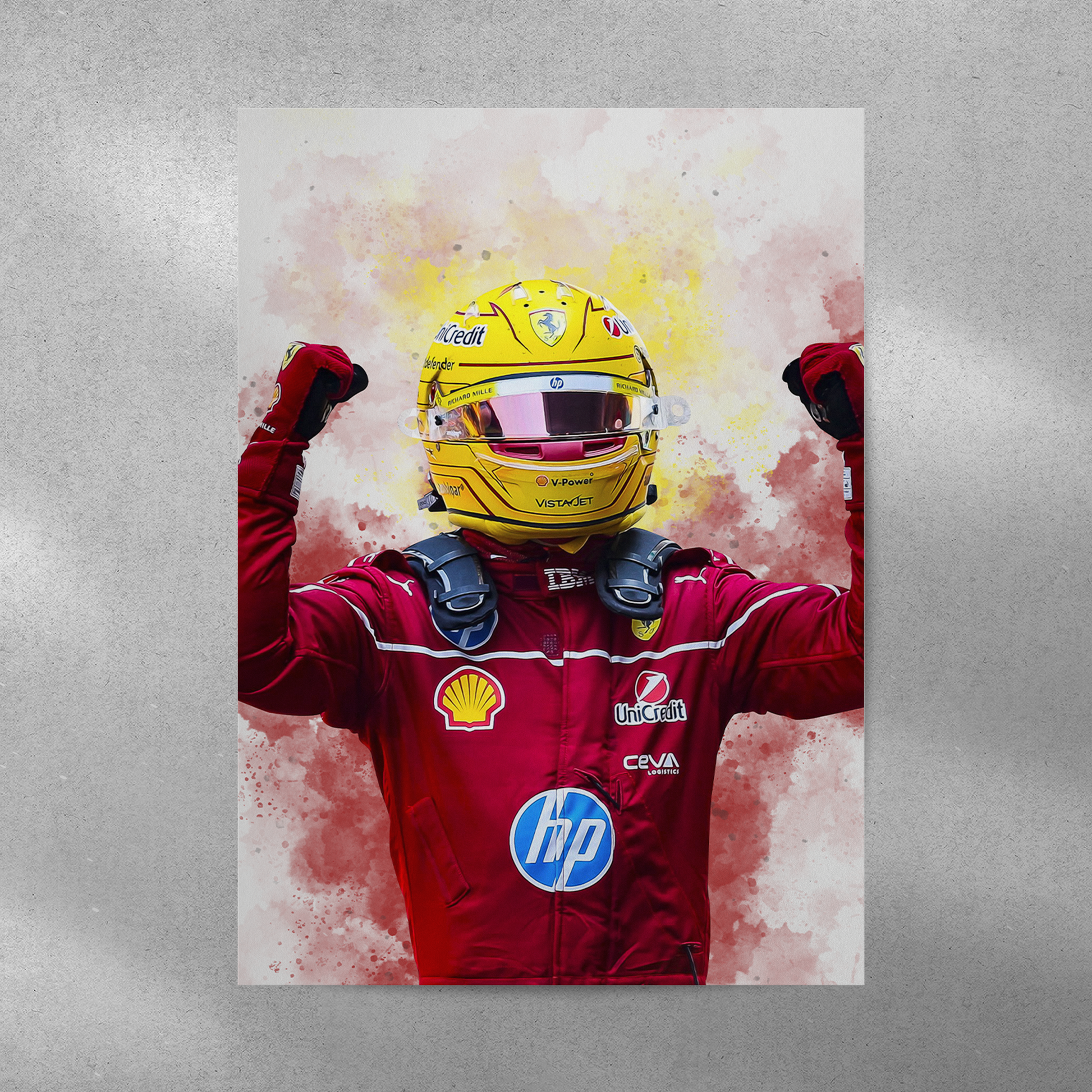 poster mockup on a grey wall. poster of formula 1 driver lewis hamilton celebrating for ferrari.