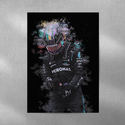 poster mockup of formula 1 driver lewis hamilton on a grey wall