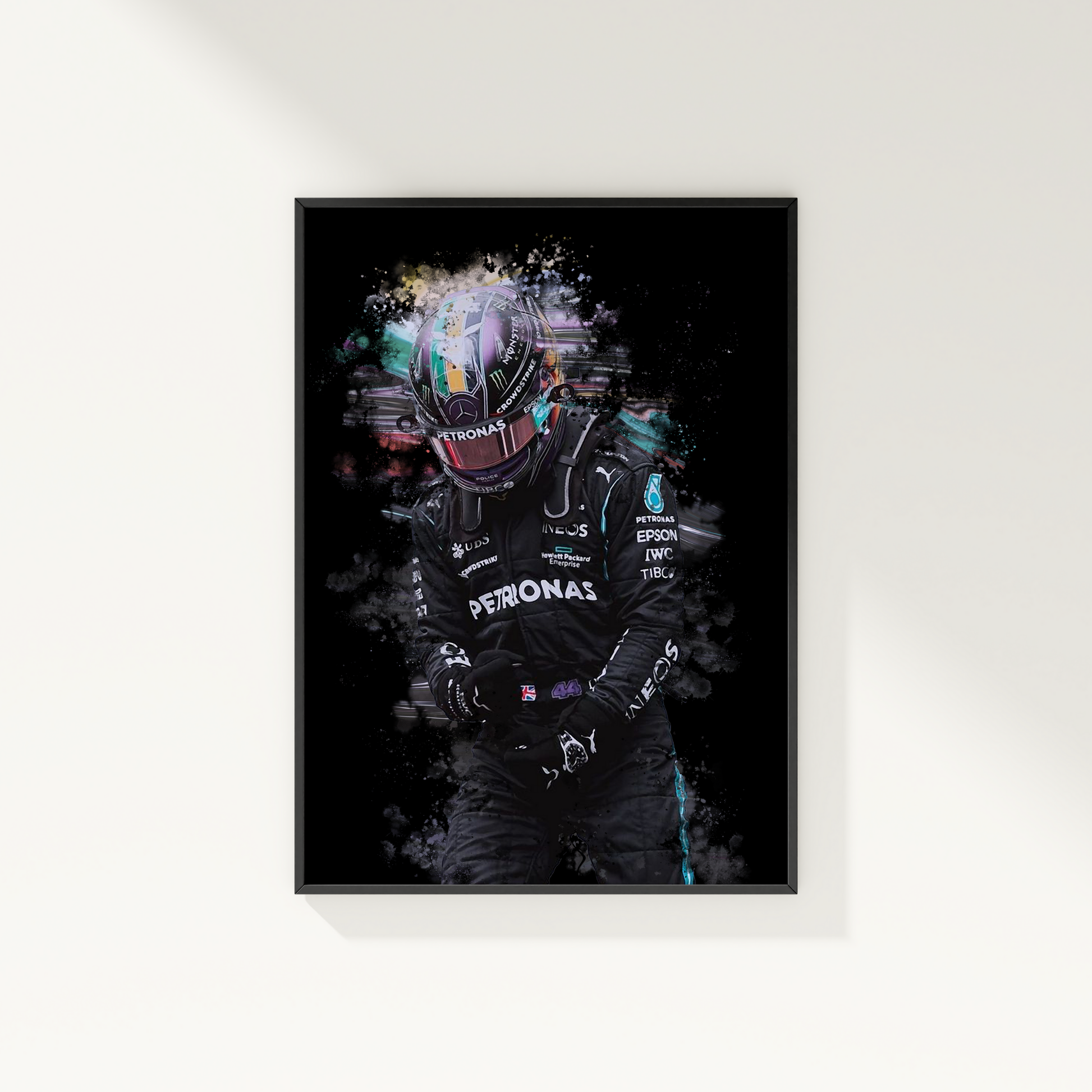 framed poster mockup of formula 1 driver lewis hamilton hanging on a white wall