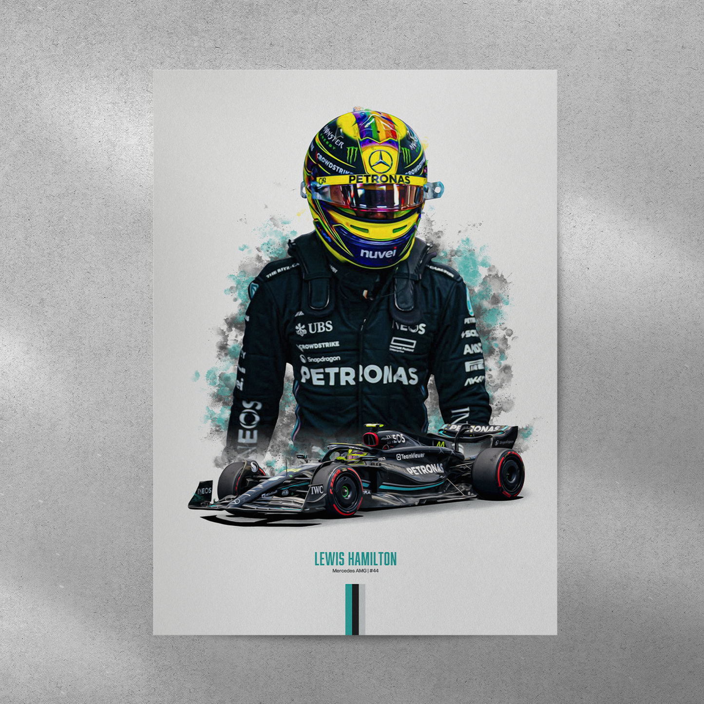 poster mockup of formula 1 driver lewis hamilton on a grey wall