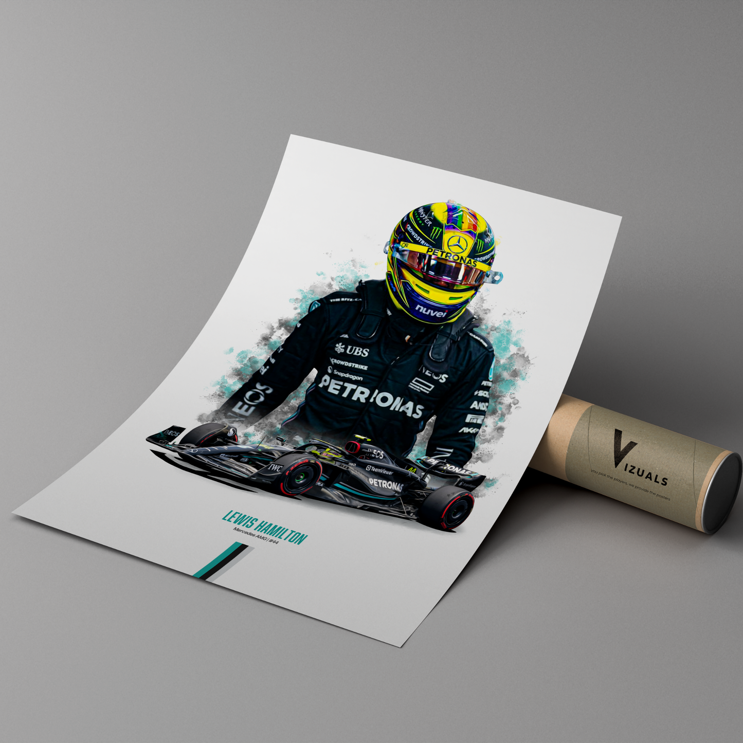 poster mockup of formula 1 driver lewis hamilton leaning on a cardboard tube