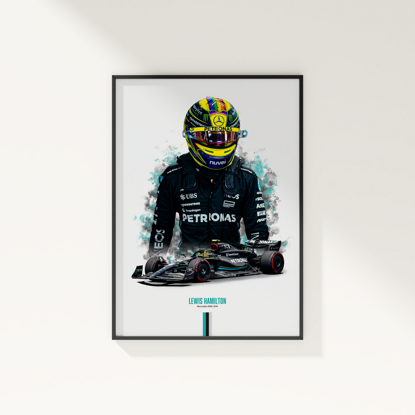 framed poster mockup of formula 1 driver lewis hamilton hanging on a white wall