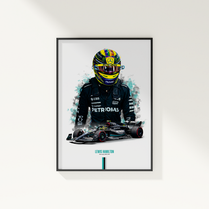 framed poster mockup of formula 1 driver lewis hamilton hanging on a white wall