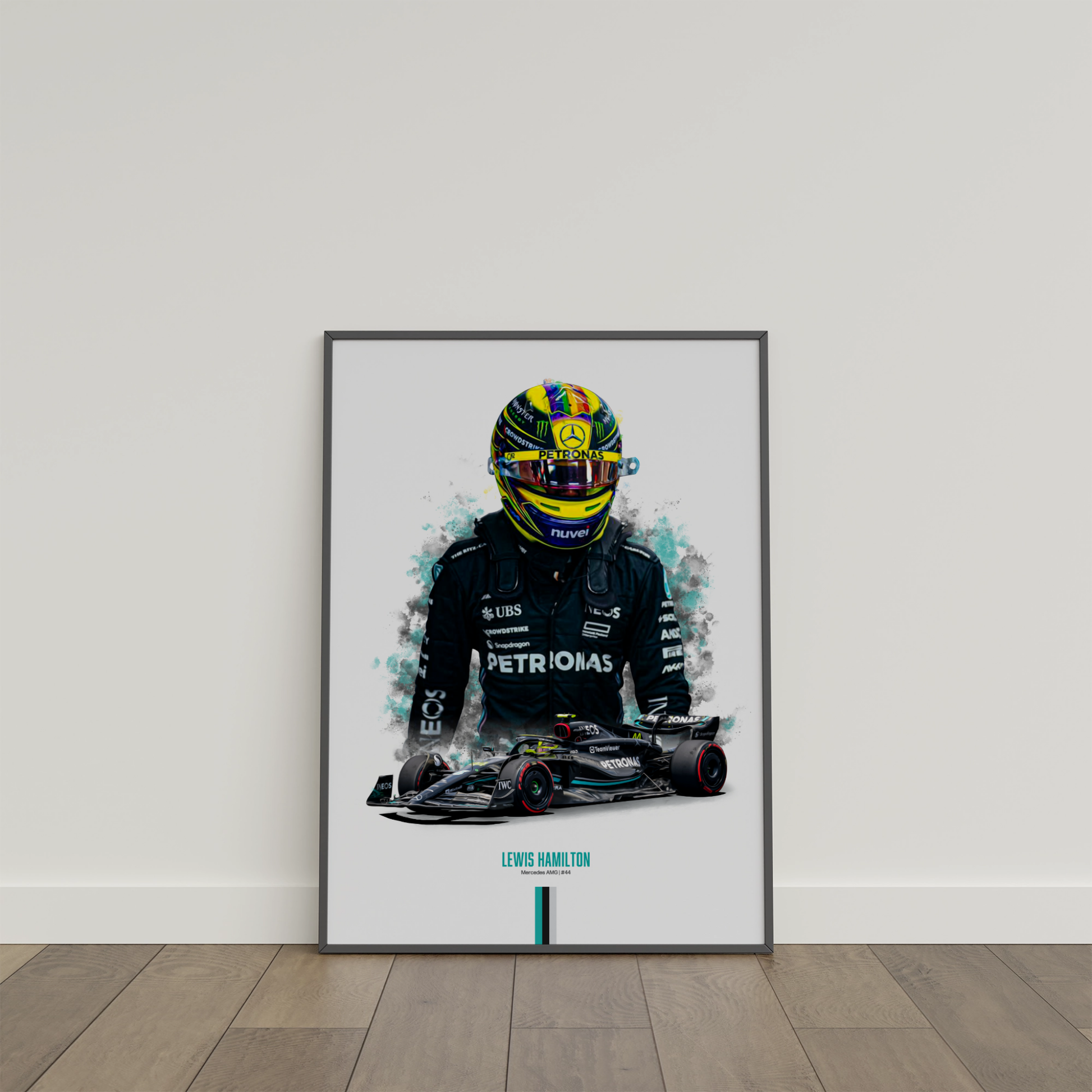 framed poster mockup of formula 1 driver lewis hamilton leaning on a white wall