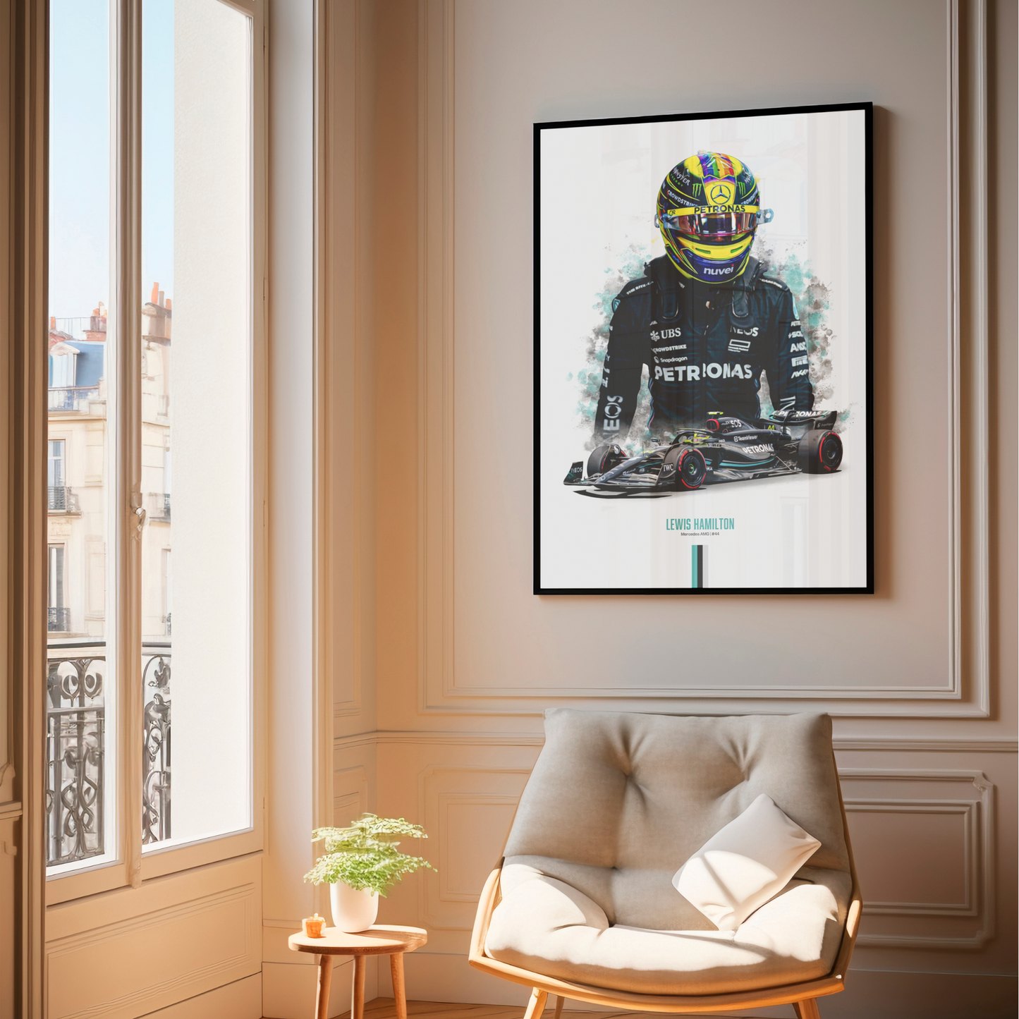 framed poster mockup of formula 1 driver lewis hamilton hanging in a living room