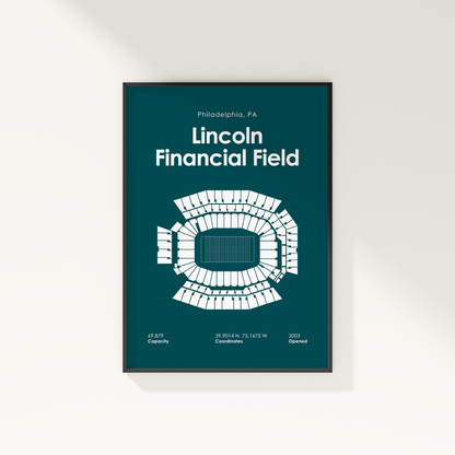 Framed poster of Lincoln Financial Field with seating chart on a white background