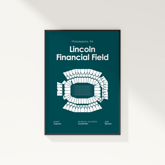 Framed poster of Lincoln Financial Field with seating chart on a white background