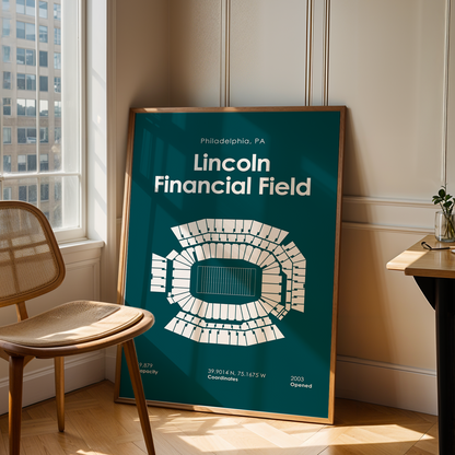 Framed map of Lincoln Financial Field in Philadelphia, PA, leaning against a wall in a room with a chair and table.
