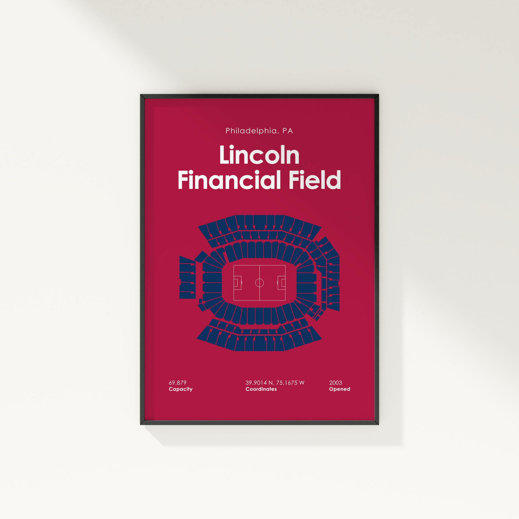 Framed poster of Lincoln Financial Field with seating chart on a red background