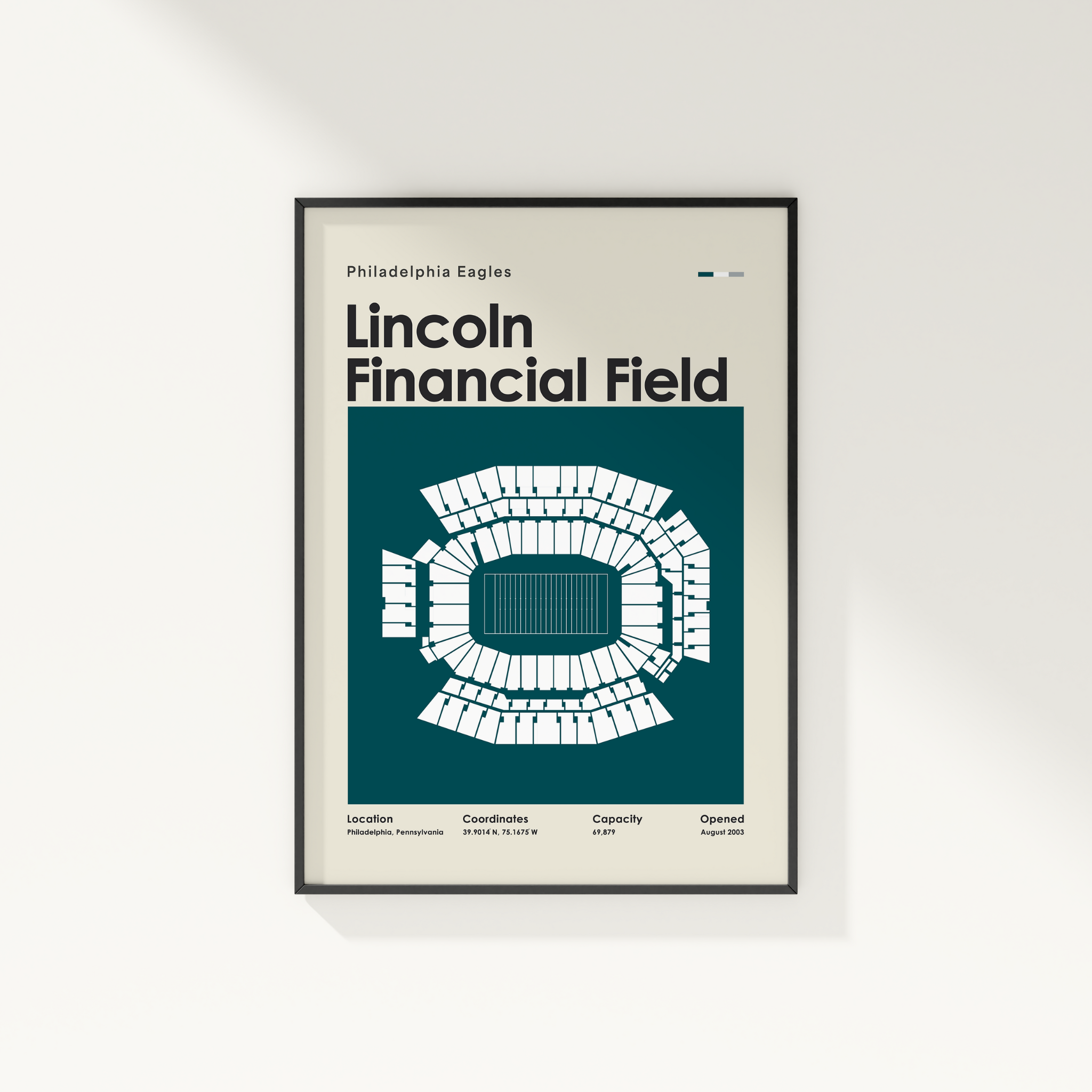 Framed poster of Lincoln Financial Field with Philadelphia Eagles branding on a white wall.