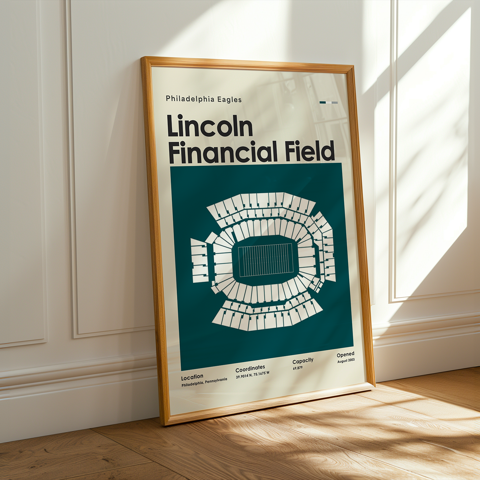 Framed poster of Lincoln Financial Field with Philadelphia Eagles branding on a wall.