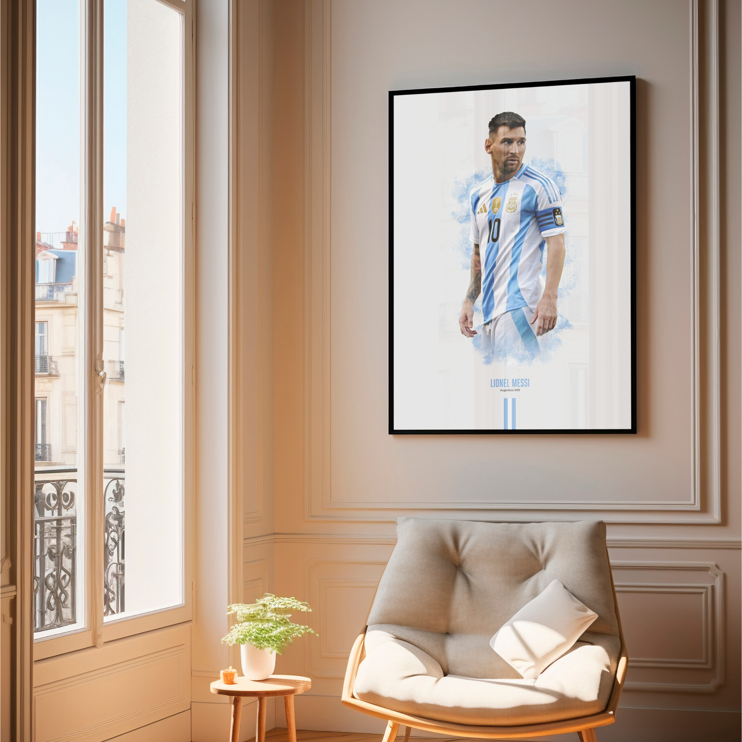 framed poster mockup of soccer player lionel messi hanging in a living room