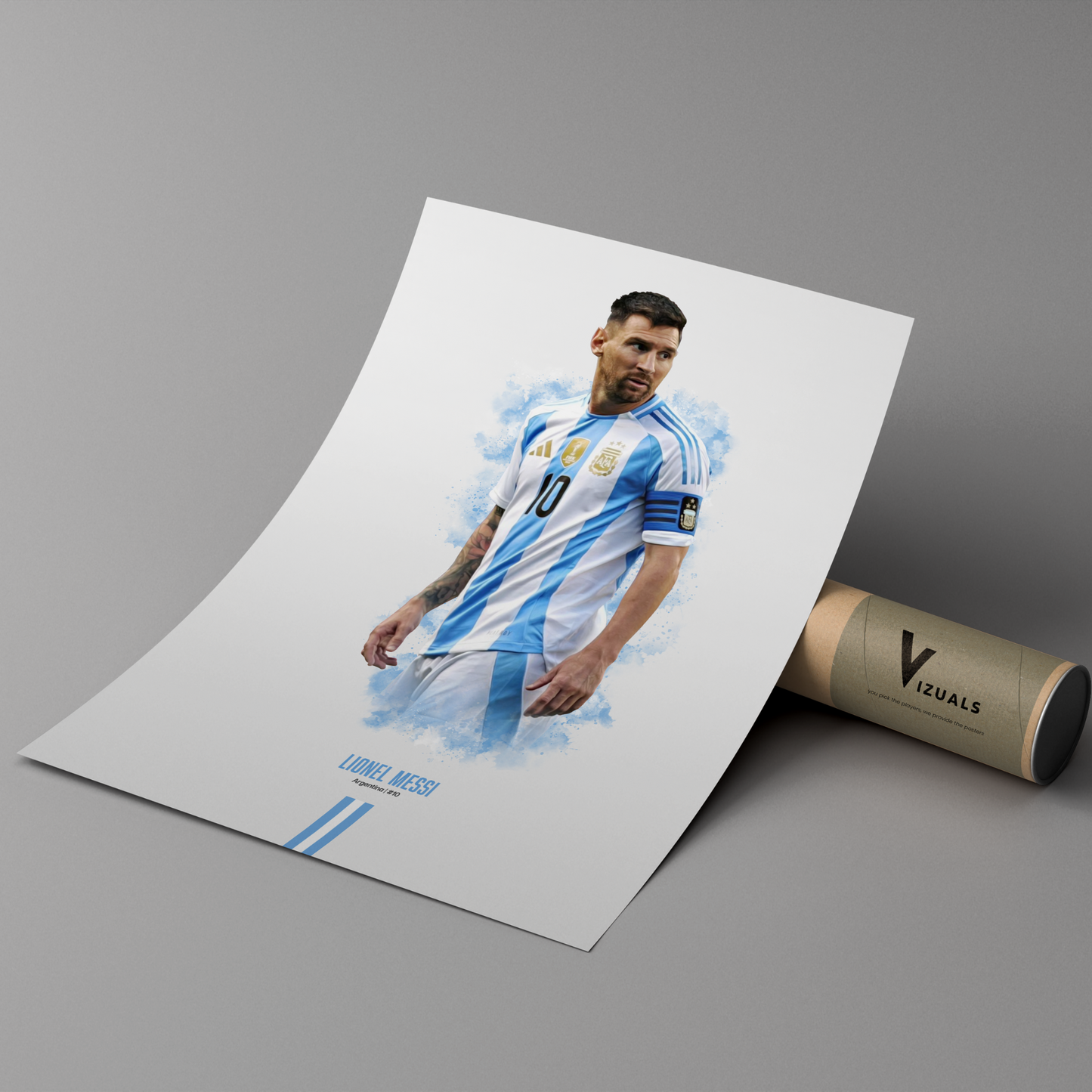 poster mockup of soccer player lionel messi leaning on a cardboard tube