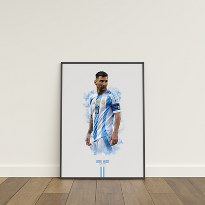 framed poster mockup of soccer player lionel messi leaning on a white wall