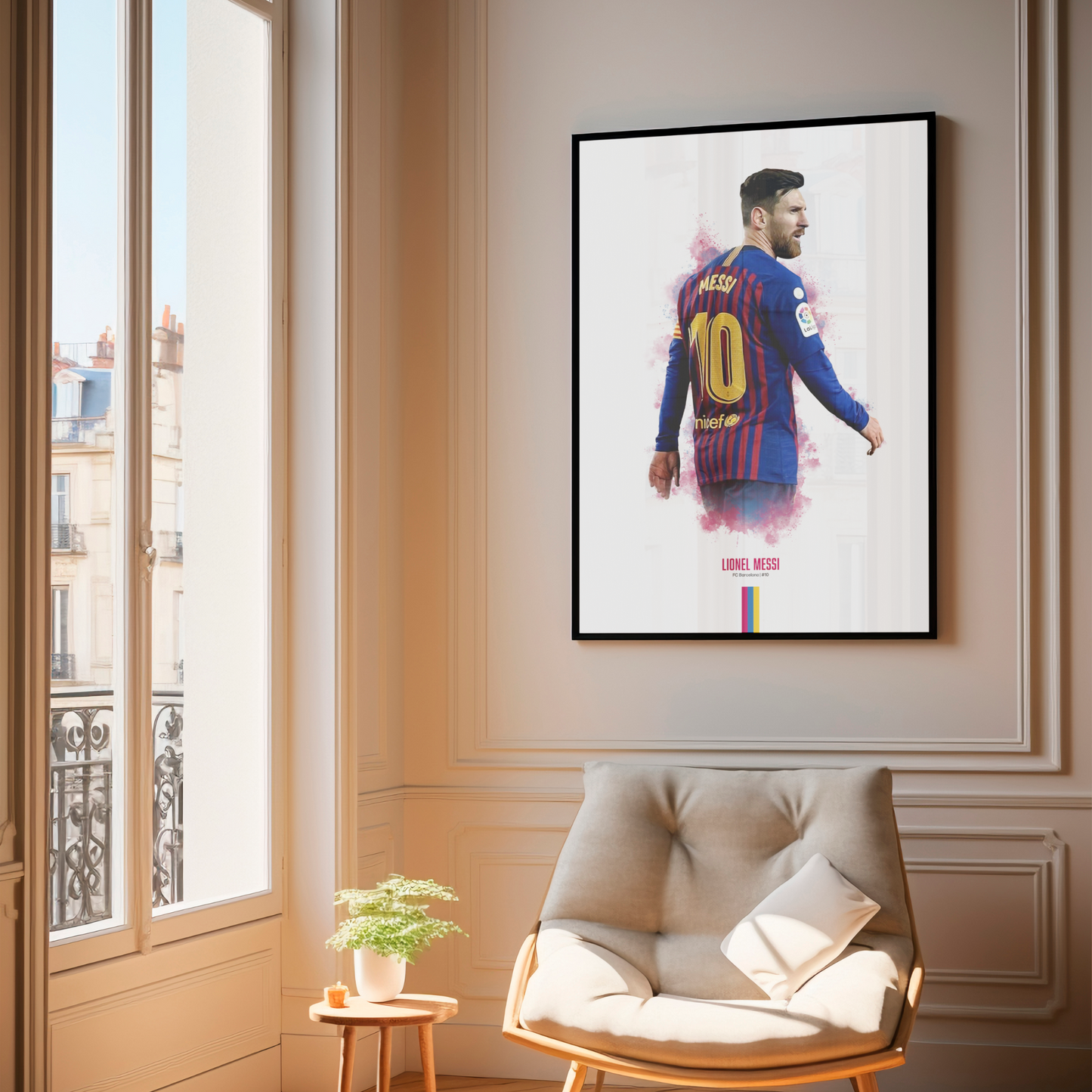 framed poster mockup of soccer player lionel messi hanging in a living room