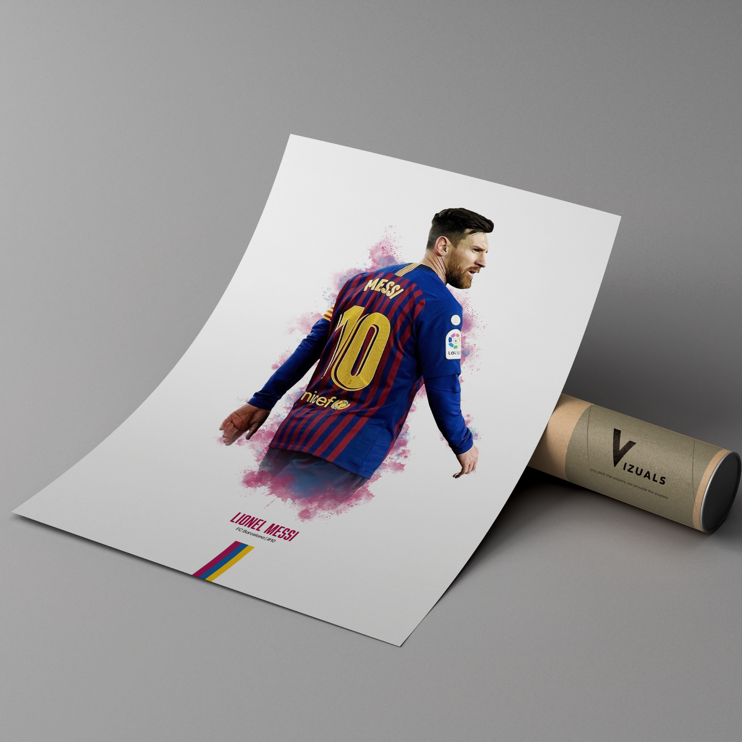 poster mockup of soccer player lionel messi leaning on a cardboard tube