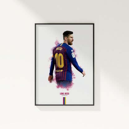 framed poster mockup of soccer player lionel messi hanging on a white wall