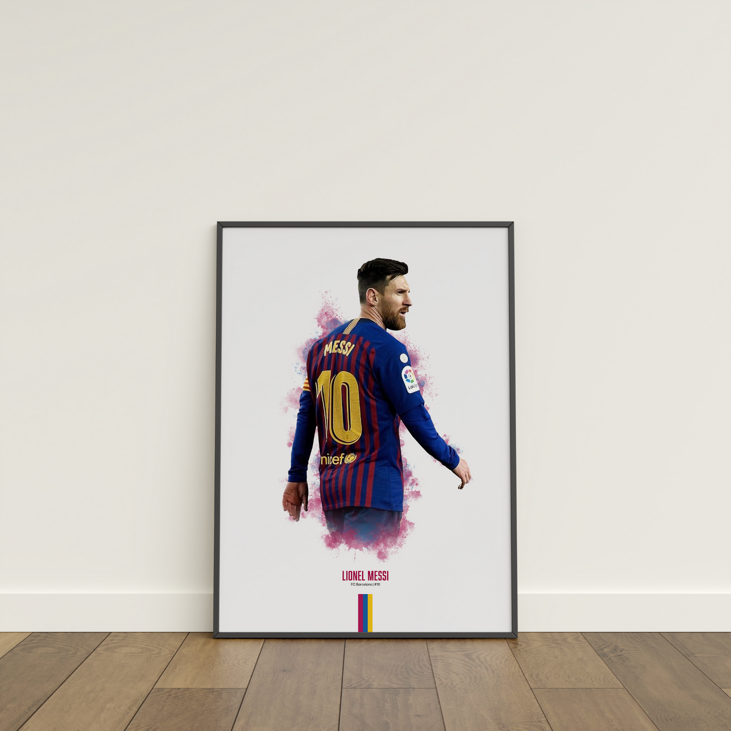 framed poster mockup of soccer player lionel messi leaning on a white wall