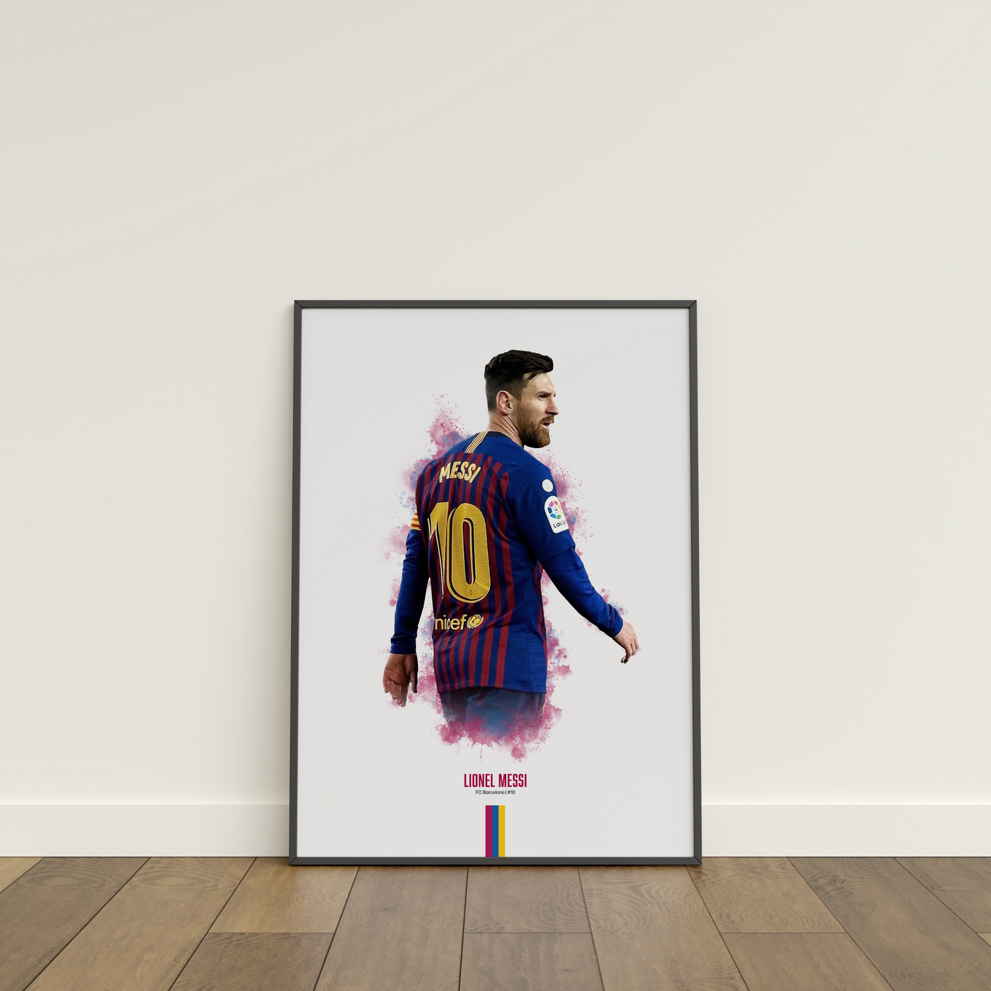 framed poster mockup of soccer player lionel messi leaning on a white wall