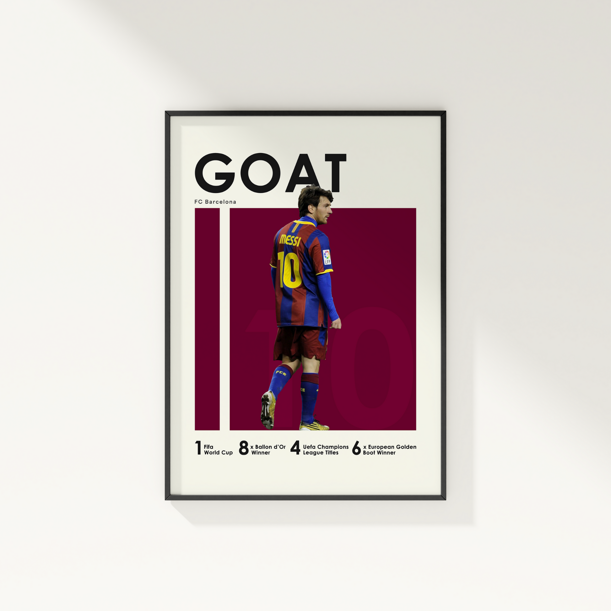 framed poster mockup of soccer player lionel messi hanging on a white wall