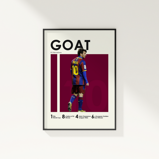 framed poster mockup of soccer player lionel messi hanging on a white wall