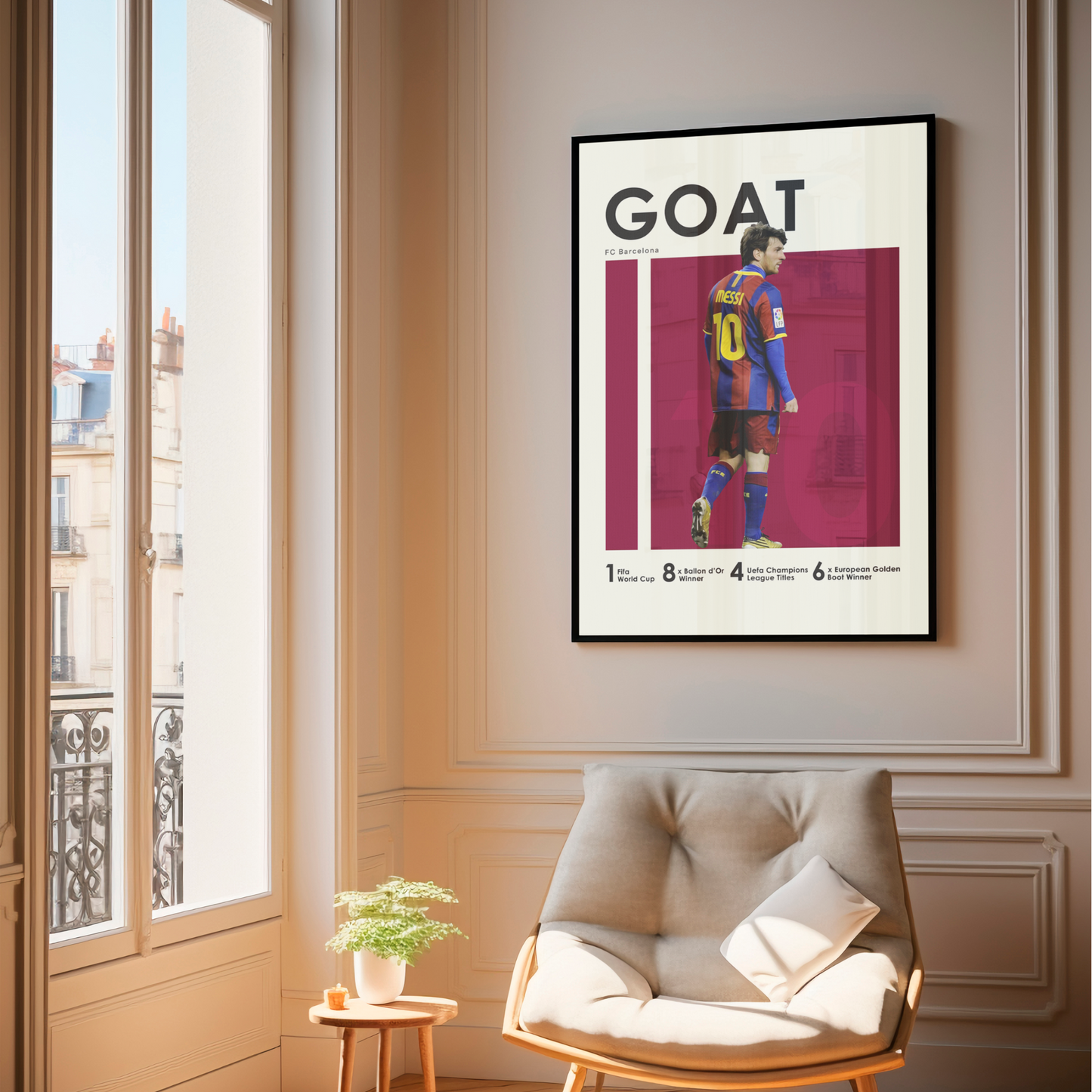 framed poster mockup of soccer player lionel messi hanging in a living room