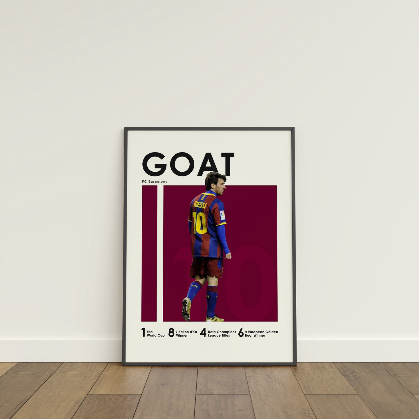 framed poster mockup of soccer player lionel messi leaning on a white wall