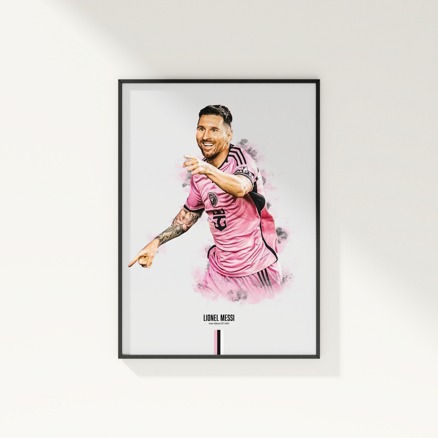 framed poster mockup of soccer player lionel messi hanging on a white wall