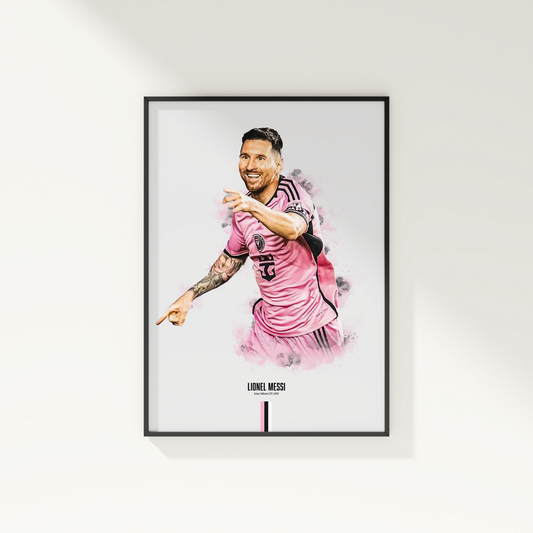 framed poster mockup of soccer player lionel messi hanging on a white wall