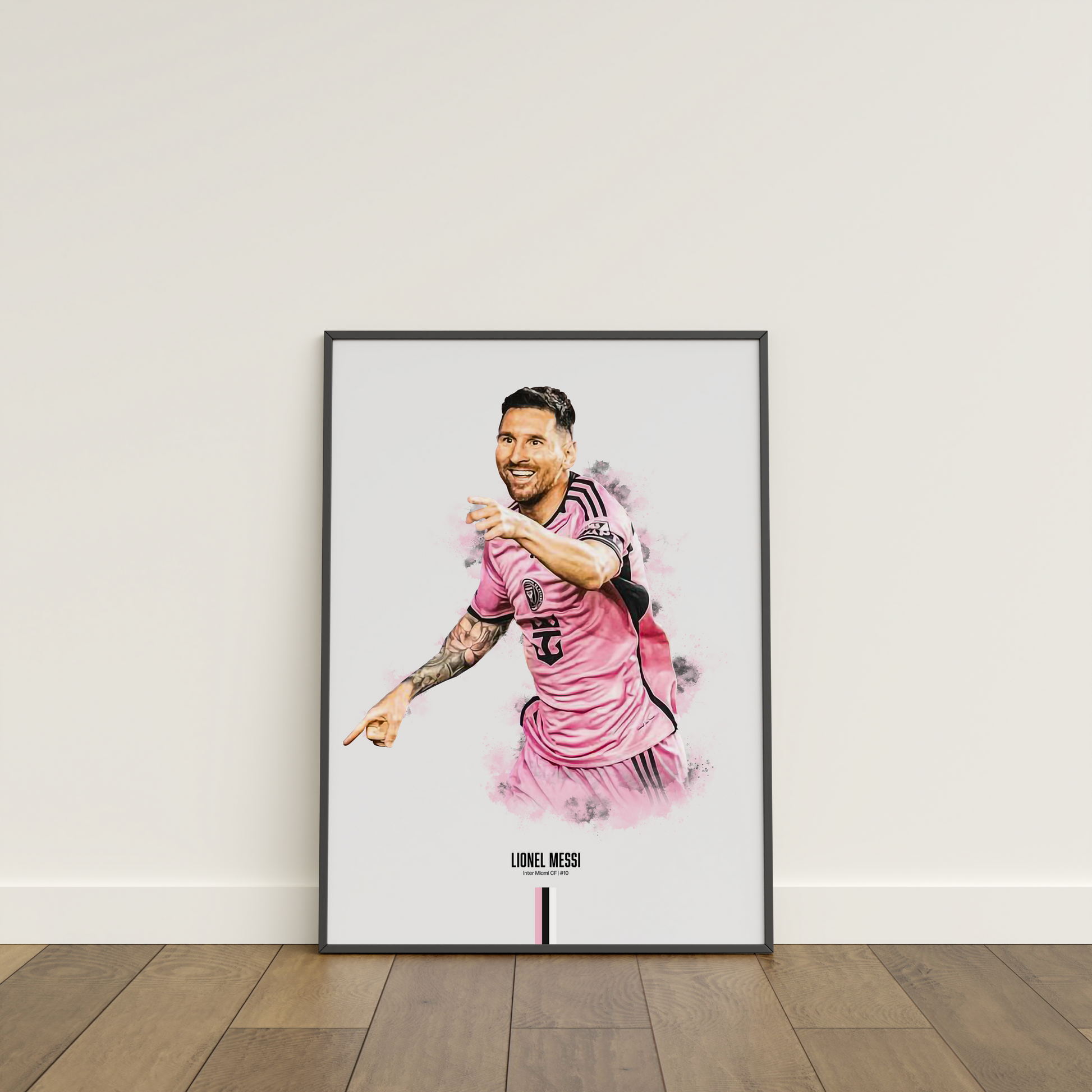 framed poster mockup of soccer player lionel messi leaning on a white wall