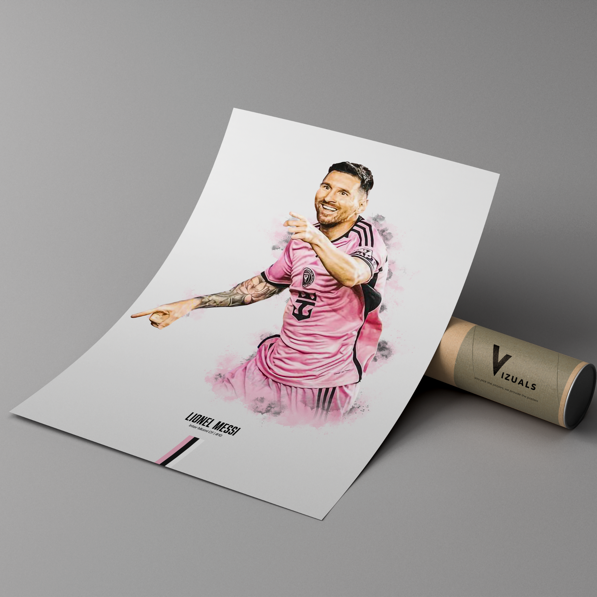 poster mockup of soccer player lionel messi leaning on a cardboard tube