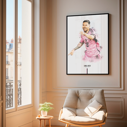 framed poster mockup of soccer player lionel messi hanging in a living room