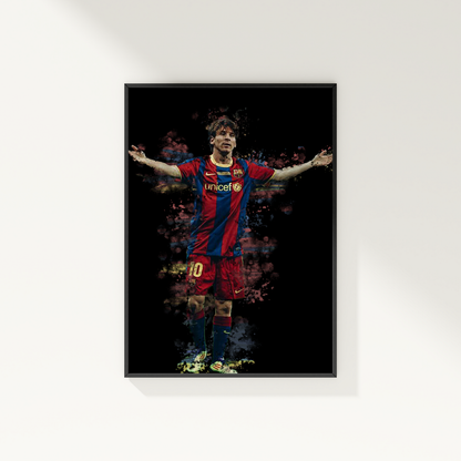 framed poster mockup of soccer player lionel messi hanging on a white wall