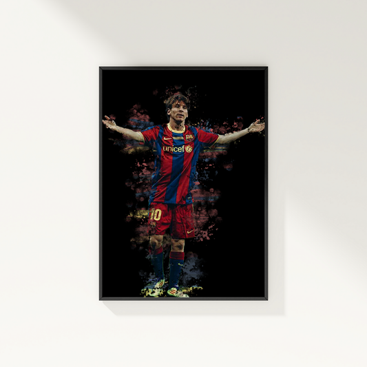 framed poster mockup of soccer player lionel messi hanging on a white wall