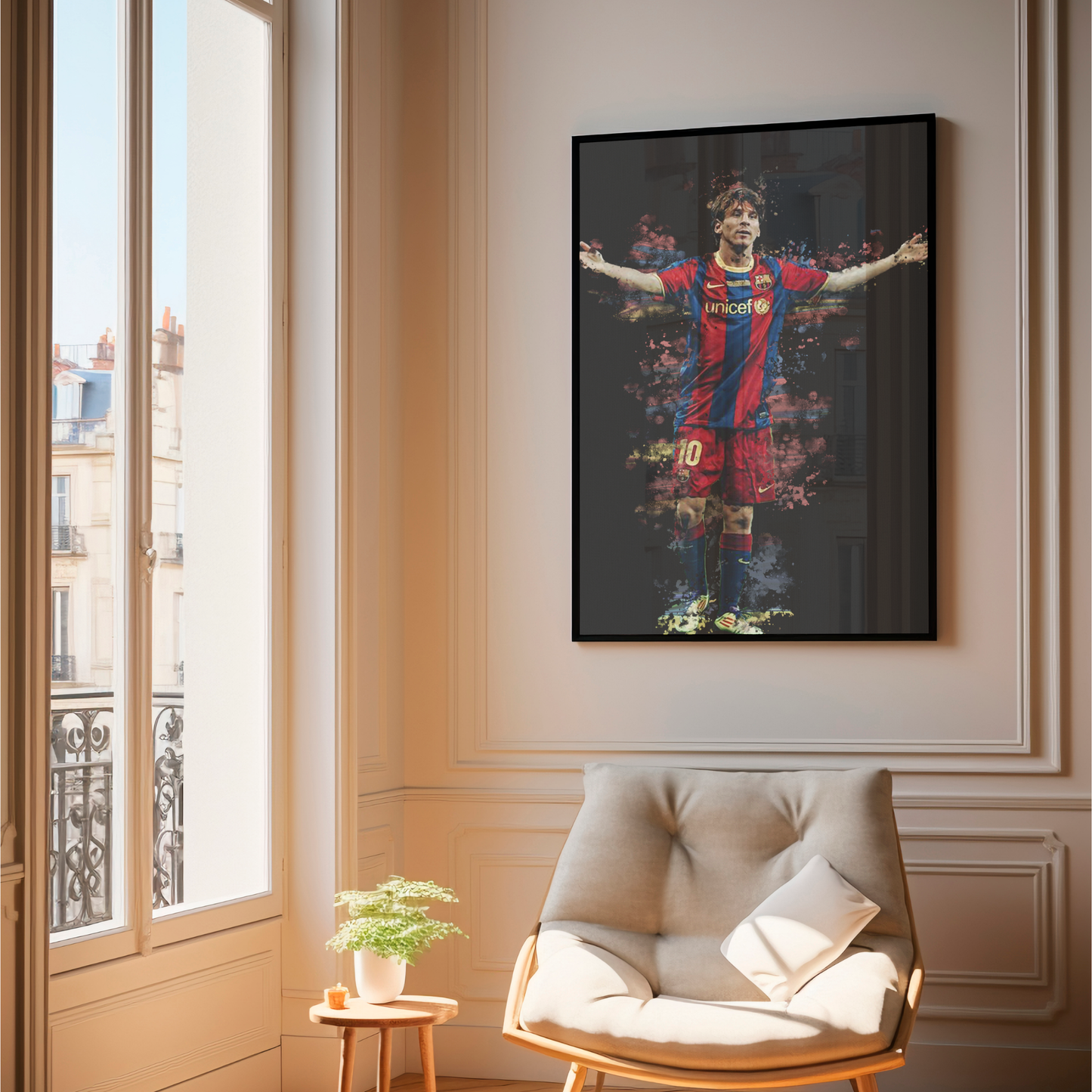 framed poster mockup of soccer player lionel messi hanging in a living room