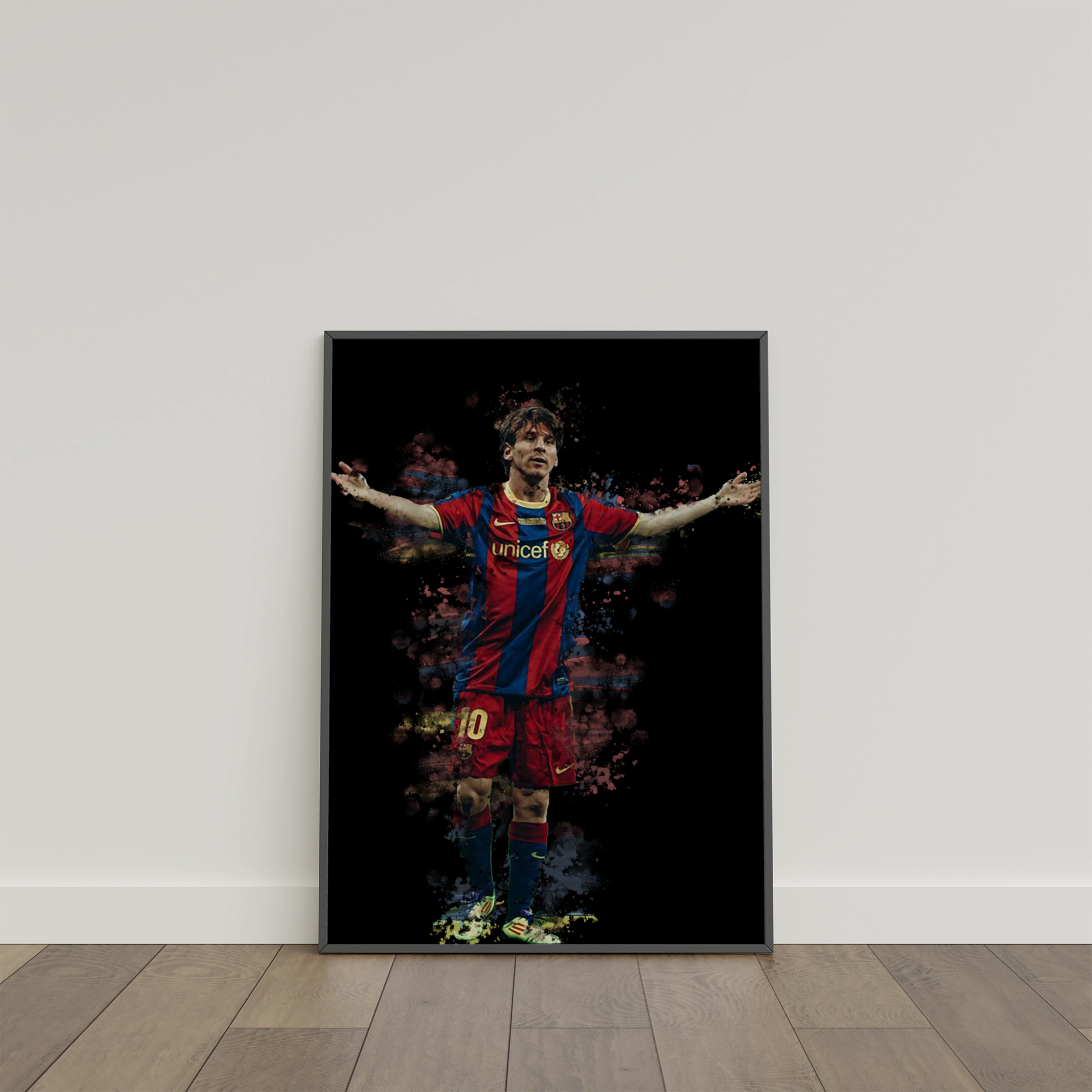 framed poster mockup of soccer player lionel messi leaning on a white wall