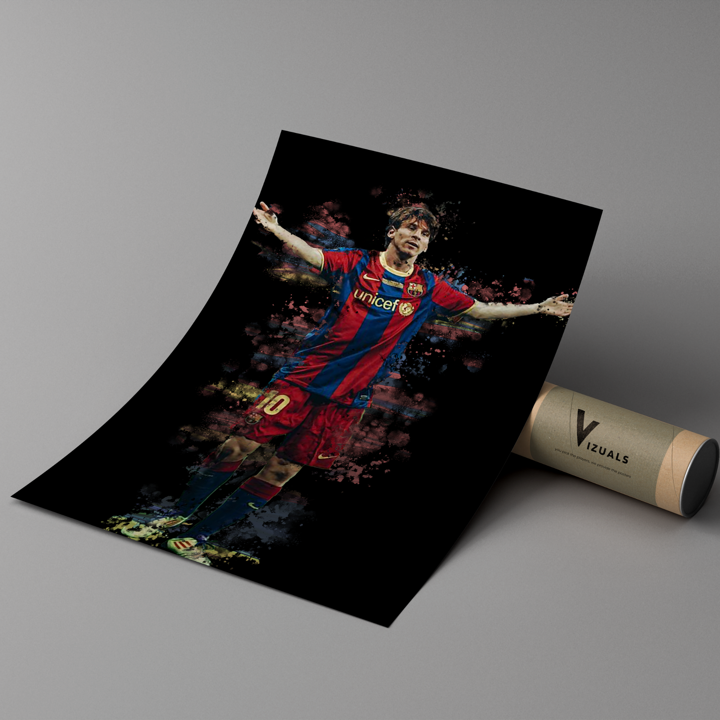 poster mockup of soccer player lionel messi leaning on a cardboard tube