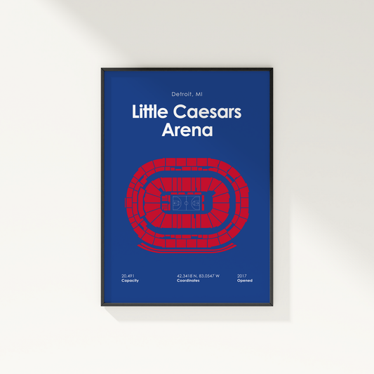Framed poster of Little Caesars Arena with blue background and red arena illustration.