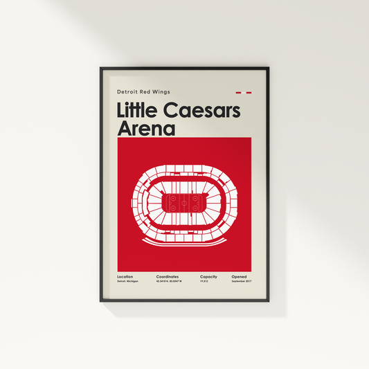 Framed poster of Little Caesars Arena with Detroit Red Wings branding on a white background