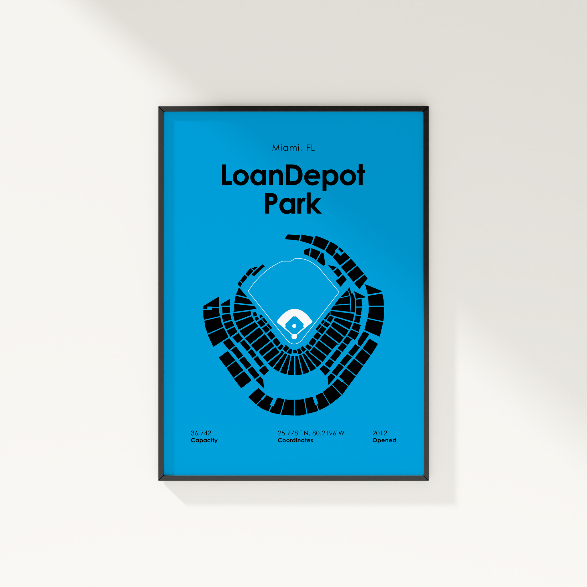 Framed poster of LoanDepot Park with blue background and black text