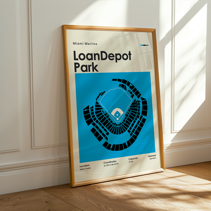Framed poster of LoanDepot Park with Miami Marlins logo on a wall.