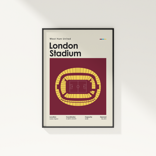 Framed poster of West Ham United London Stadium design on a white wall.