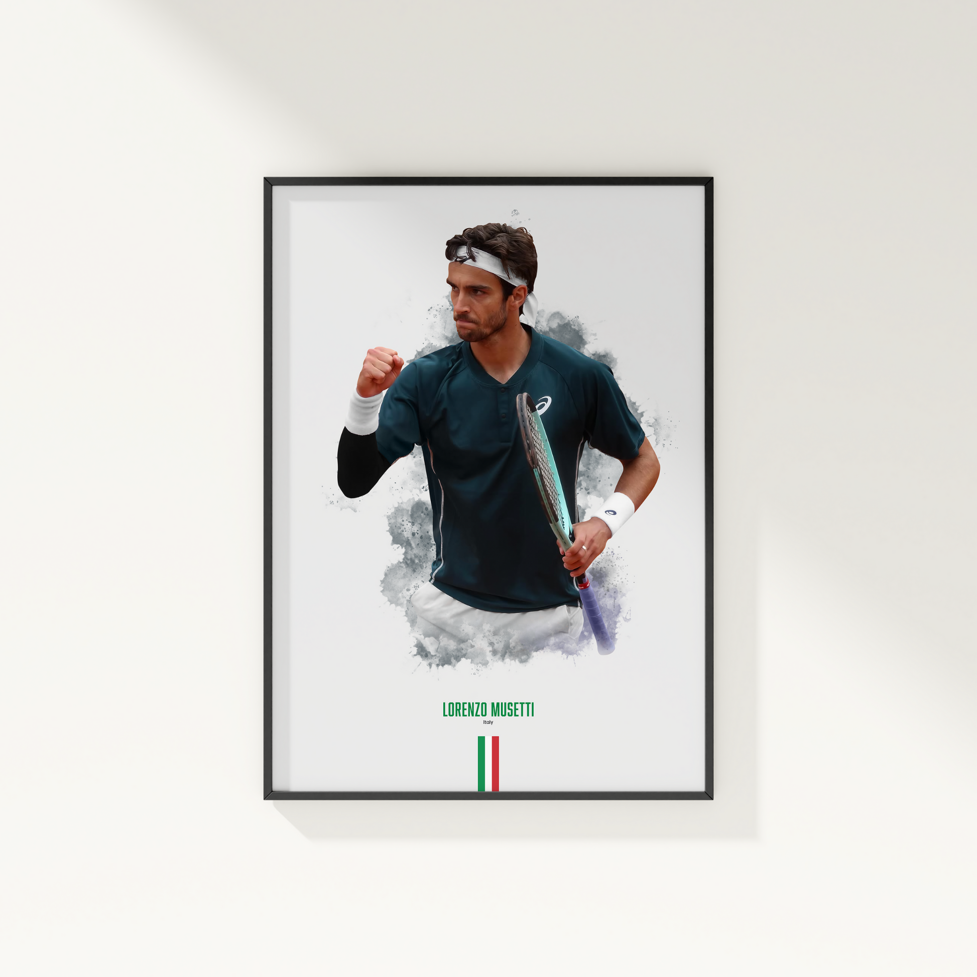 Framed poster of tennis player Lorenzo Musetti holding a racket on a white wall.