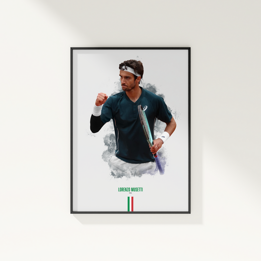 Framed poster of tennis player Lorenzo Musetti holding a racket on a white wall.