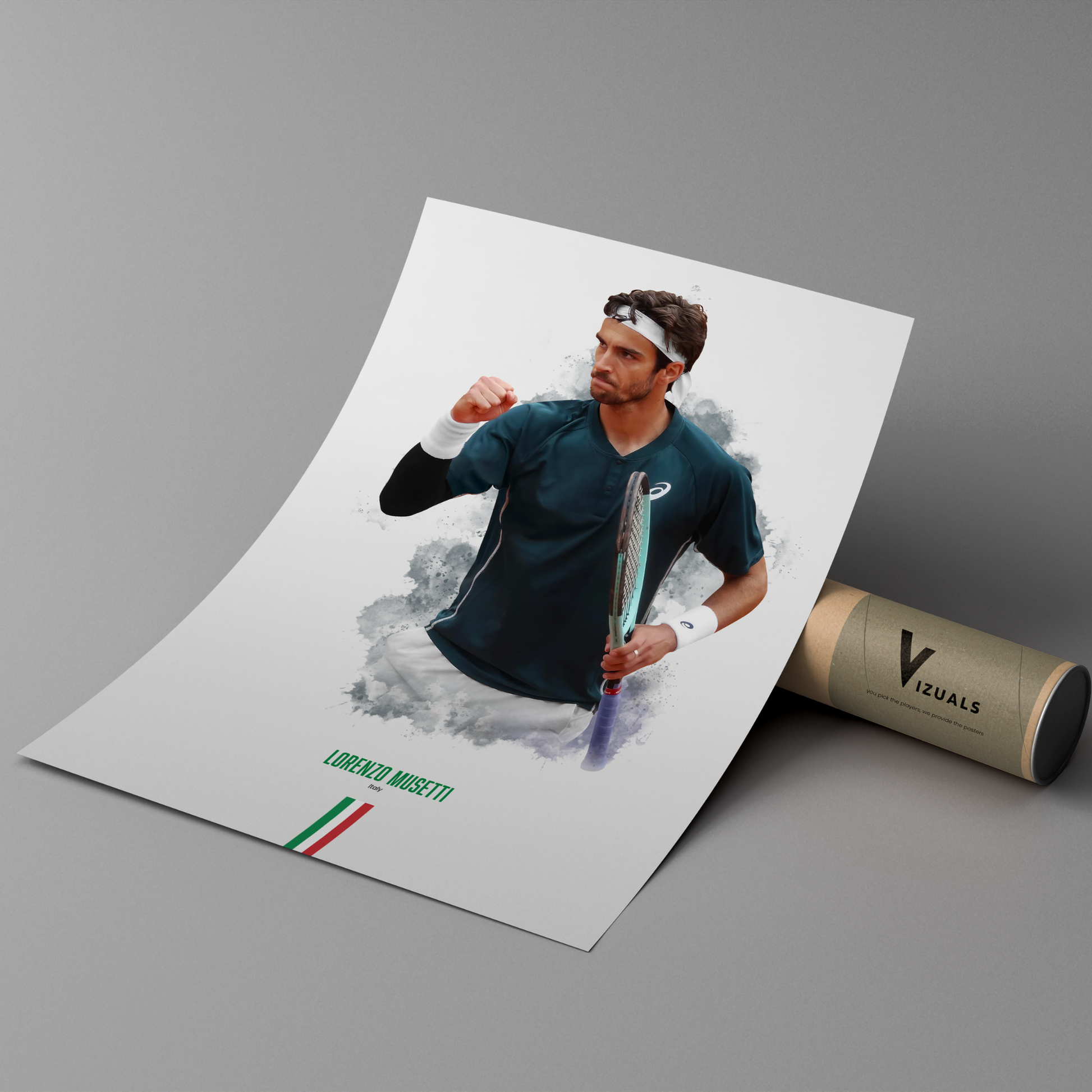 Poster of tennis player Lorenzo Musetti holding a racket on a cardboard tube with 'Vizuals' branding.