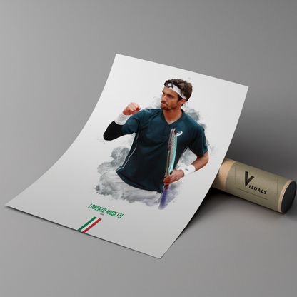 Poster of tennis player Lorenzo Musetti holding a racket on a cardboard tube with 'Vizuals' branding.
