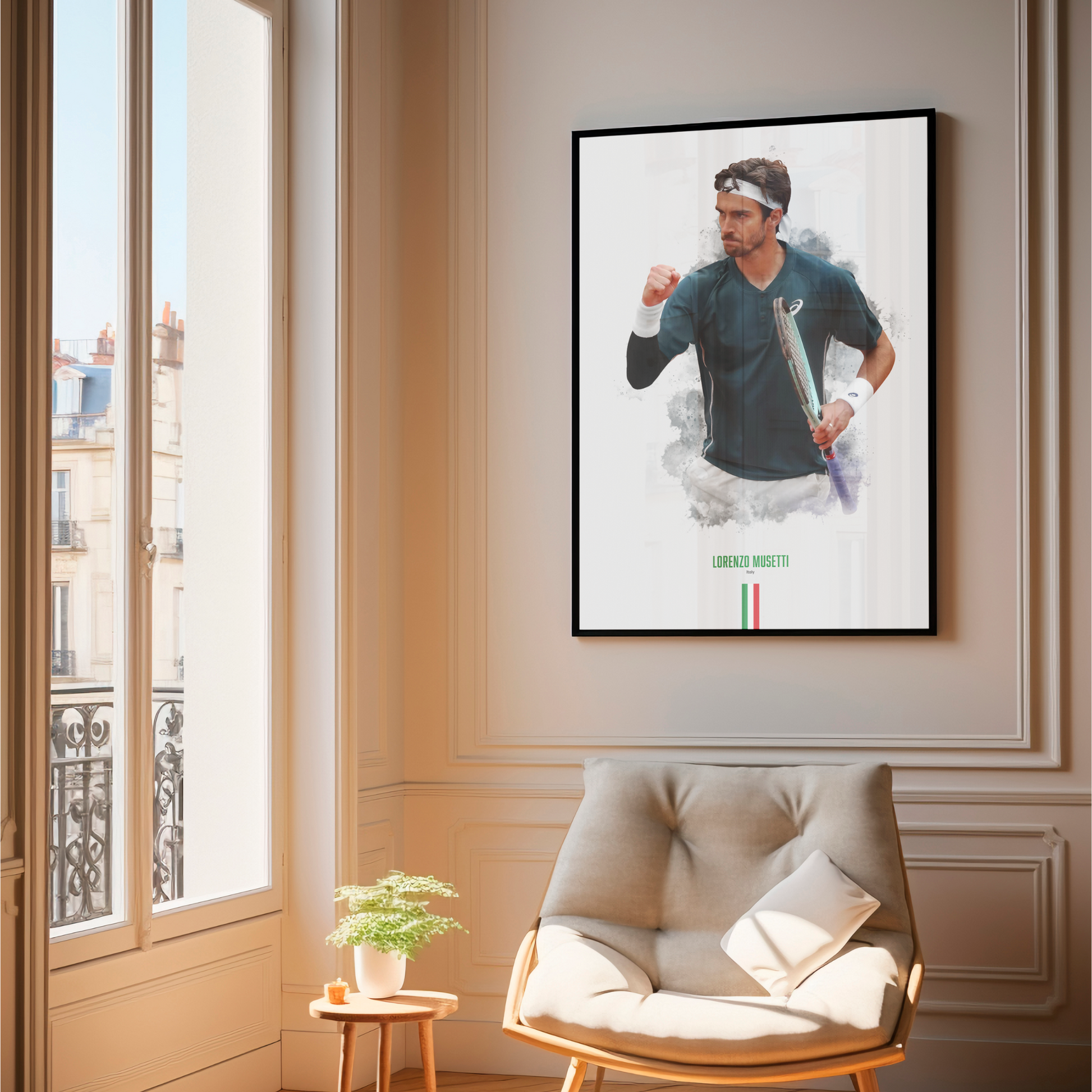 Framed poster of tennis player Lorenzo Musetti holding a racket on a wall above a chair.