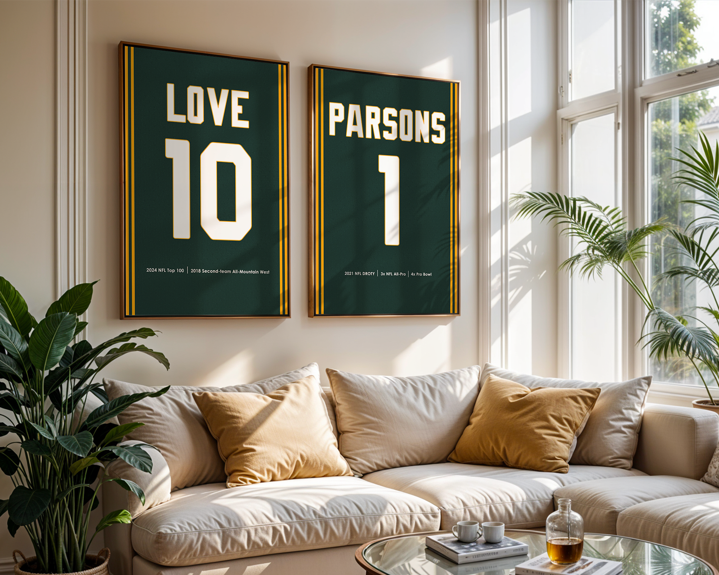 Living room with a beige sofa, decorative pillows, and framed sports-themed artwork on the wall.