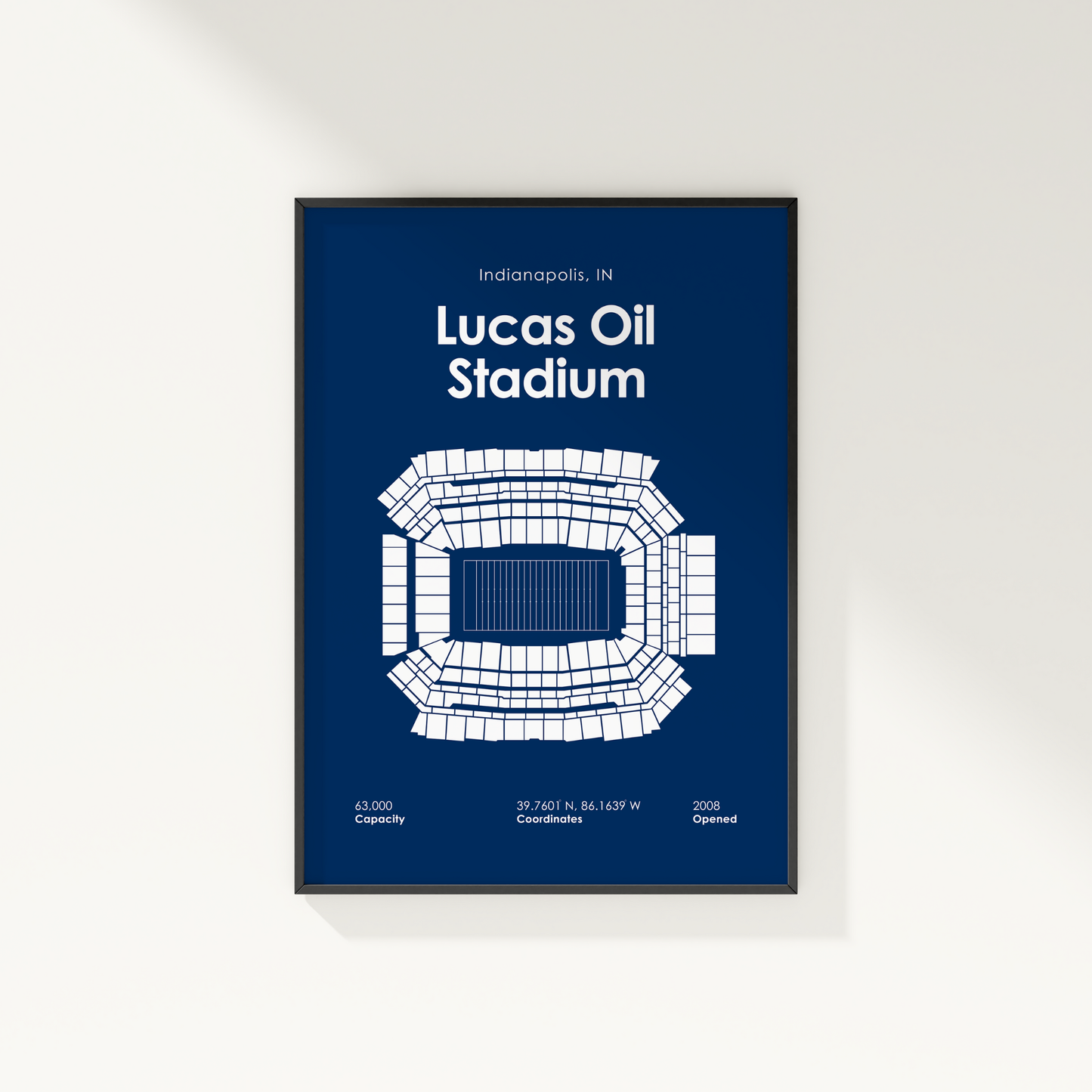 Framed poster of Lucas Oil Stadium with seating diagram on a blue background