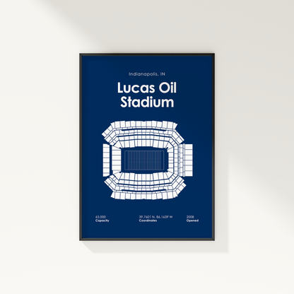 Framed poster of Lucas Oil Stadium with seating diagram on a blue background